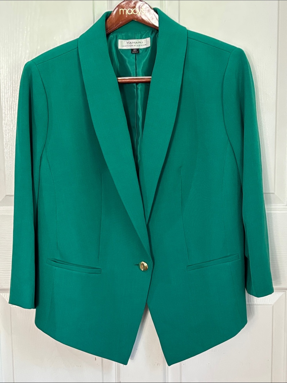 Tahari ASL Kelly Green Single Button Blazer Size 16W Gold Button career work